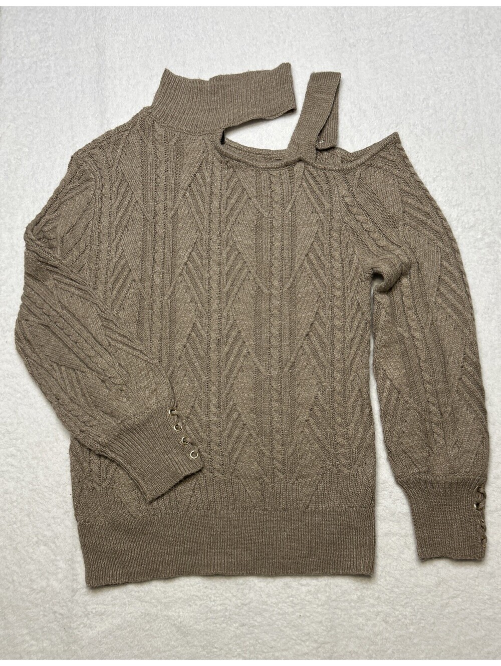 NY & C Turtleneck CableKnit Sweater Women's S Beige/Brown Cutout Shoulder Glam